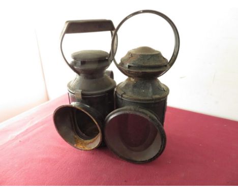 B.R.E. black japanned railway lamp with three filters, and another B.R.M., lacks filters (2) 