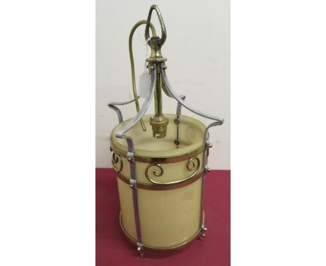 1930s brass and polished steel centre light fitting with amber and acrylic panel shade 