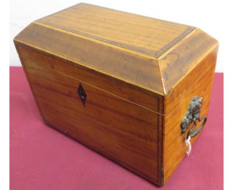 19th C satinwood rectangular tea caddy with two ring handles and on four brass ball feet (W18cm x D10cm x H15cm) 
