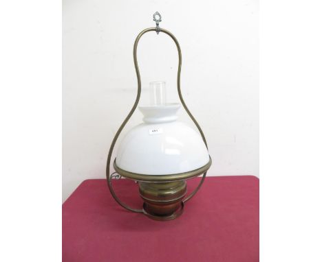 Victorian hanging brass oil lamp with opaque shade and clear glass chimney (height 66cm) 