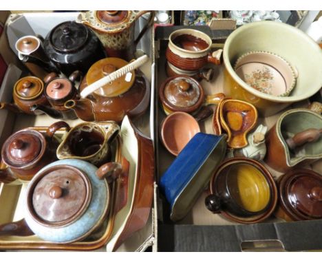 Glazed stoneware bread pancheon, large glazed stoneware teapot with basket weave handle and other glazed stoneware kitchenali