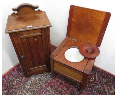 Victorian mahogany single door bedside cabinet (W38cm x D32cm x H84cm), a Victorian mahogany commode stool with hinged top on