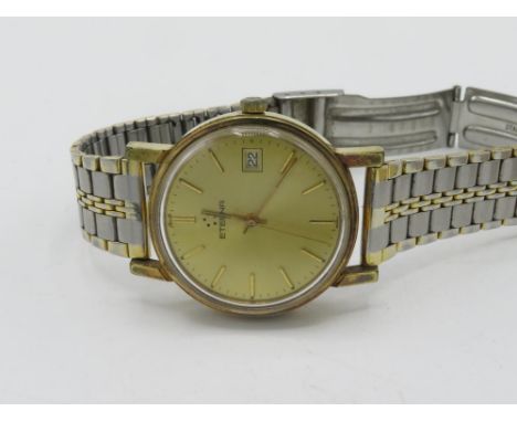 Eterna automatic wristwatch with date, gold plated case on later bimetallic bracelet, case back numbered 8062099. 25 jewel Et
