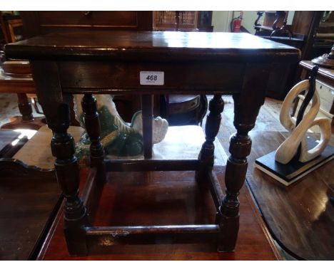A mahogany rectangular stool on turned and block supports, 45cm wide.