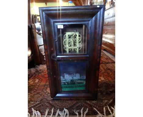 An American veneered wall clock of typical form, the lower glass panel having painted decoration, 42cm wide.
