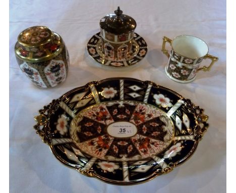 A collection of Royal Crown Derby Imari tablewares, pattern 2451, to include: small ginger jar, twin handled cup, preserve po