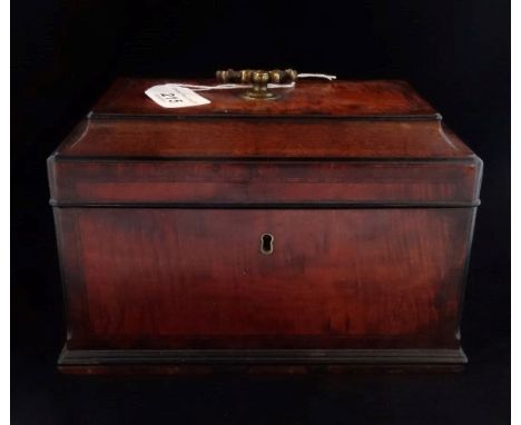 An early Georgian fruitwood and inlaid tea caddy of rectangular form, brass handle to lid, with conforming interior covers, 1