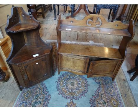 An Edwardian wall hanging shelf with cupboard under, together with an early 20th century wall hanging corner shelf and cupboa