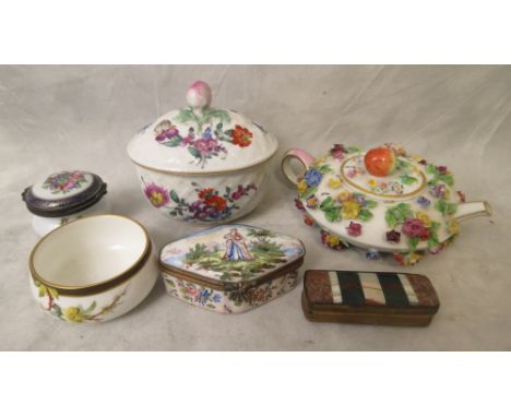 A 19th century Meissen teapot, Derby pot and cover, Royal Worcester dish, Sampson trinket box, hardstone set trinket and a 19