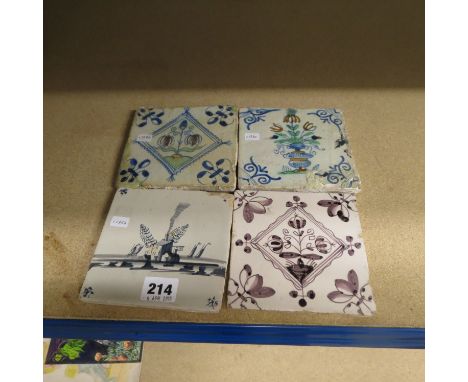 Group of four 17th and 18th century Dutch wall tiles comprising a Postzegel stamp tile of Fritellerie design with ox head cor