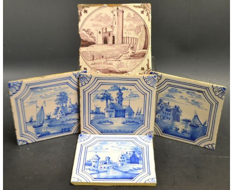 Tile - an 18th century Delft tile, painted in magnesium with figure by a watch tower, 12.5cm square;  others, later painted i