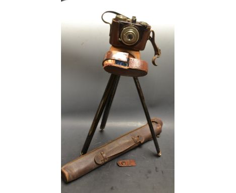Cameras - korelle 35mm half-frame camera, moulded Bakelite  case, leather case en-suite, c.1940;   conforming tripod cased (2