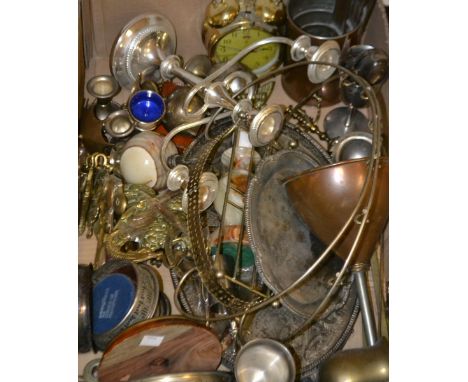 Metalware- a silver plated two handled tray; a set of three brass measuring pots; onyx table lamp; a silver plated candelabra