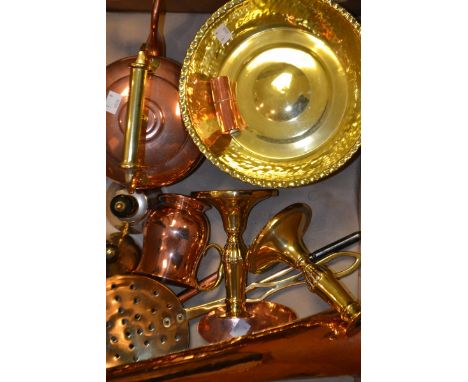 A Victorian brass hand bell; a copper French art cigarette lighter; a brass alms dish; a copper mug; a copper kettle; etc.