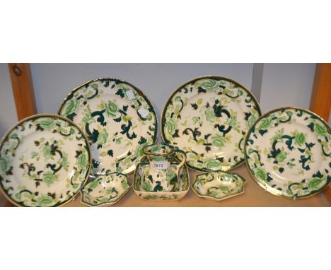 A Mason's Chartreuse pattern jug; trinket dishes; plates (6)