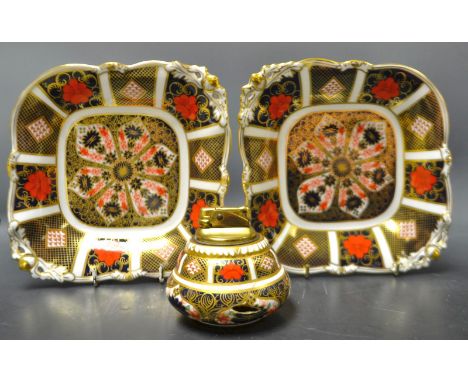 A pair of Royal Crown Derby 1128 Imari lozenge shaped dessert dishes, first quality; a Conforming lighter (faults)