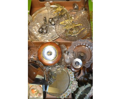 Wooden, Metal and Glassware- a pair of Barbola mirrors; a pair of oak candlesticks; barometer; brass flying Mallards and Swif