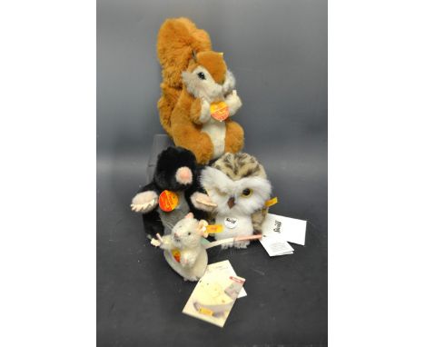 A Steiff miniature squirrel, Keck others Diggy Wittie and Piff, with tags (4)