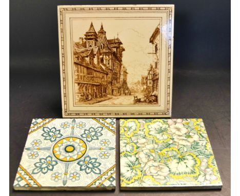 Tile - a Mintons China Works dust pressed square tile, printed in brown with Old Houses in Rouen, egg-and-dart border, 20cm s