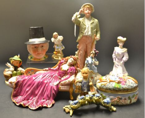 A Goebel figure, boy with rabbits; another, boot boy; Neapolitan figure; Coalport figure, Louisa at Ascot; etc