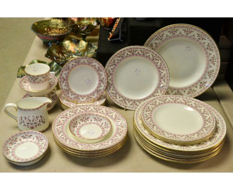 Royal Crown Derby Brittany pattern part table service, including dinner plates, soup bowls, cups and saucers, milk jug, etc.