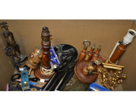 A Spelter figure of a gentleman on top of a sailing ship; a treen nutcracker ; an oak lamp, another similar, Charles Dickens 