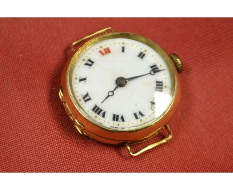 An 18ct gold case wrist watch head, white enamelled dial, bold Roman numerals, manual wind movement, 26mm diam, 16.6g gross

