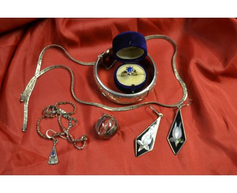 A silver hinged bangle, sterling silver bracelet, earnings etc 