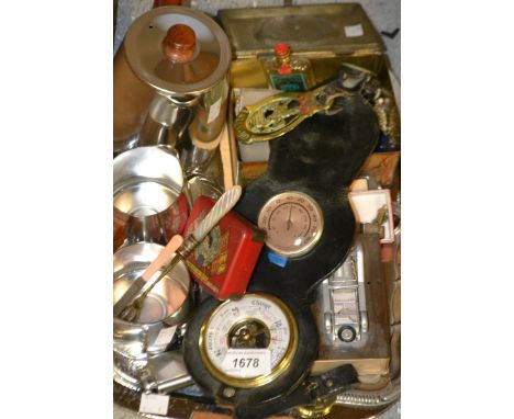 Costume Jewellery - brooches; chrome tea set on tray; chrome cigarette case and lighter; Stratton compact; etc.