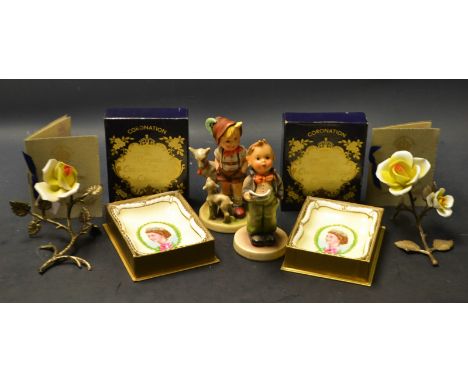 Ceramics - a pair of Royal Crown Derby Royal Commemorative pin trays, boxed; a Goebel figure, Singing Boy; another; etc. (6)