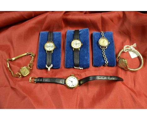 Watches - a lady's Cyma 9ct gold wrist watch, silvered dial, Arabic numerals, manual movement, later strap;  others Tissot, R