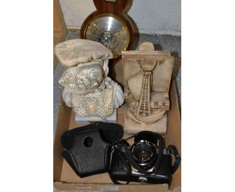 Boxes and Objects - a Comitti of London wall barometer, a pair of plaster bookends; a Chinon cx camera; a bust of Athena (4) 