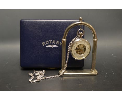 A Rotary chrome case skeleton pocket watch, silvered chapter ring, Arabic numerals, button wind movement; plated Albert chain