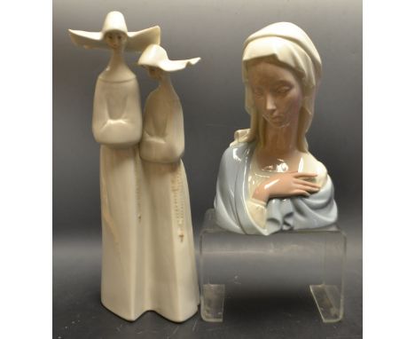 A Lladro figure, bust of the Madonna; a similar nun group (2)