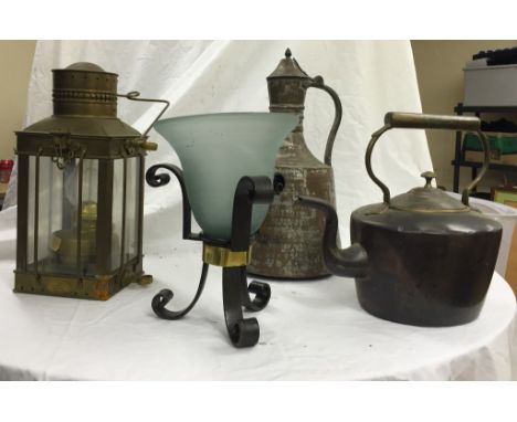 A vintage kettle; together with ewer, lamp and bowl