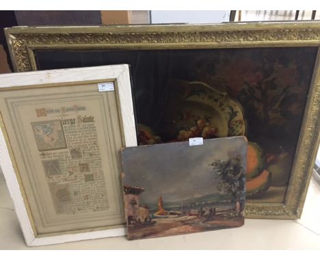 A quantity of pictures to include a pair of decorative still lives, Gudrun Sibbons landscape oil, illuminated manuscript etc