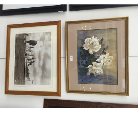 A framed and glazed watercolour of roses with "R" monogram; together with a framed and glazed large photograph "H.M.S. Vangua