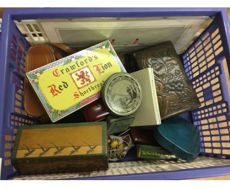 A box of odds to inc tin boxes, binoculars, card boxes, razors Zeiss Ikon camera