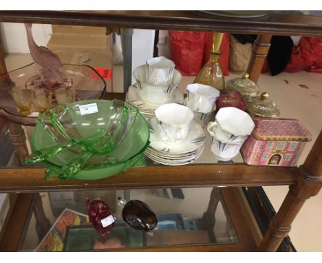 A green glass salad bowl & spoons; together with a floral bowl with fish finial, two tins, a decanter and BA service