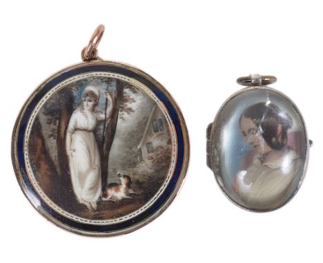 A 19th Century Portrait and Rock Crystal Locket:A gold portrait of lady and dog by tree with house in foreground, W 3cm; toge