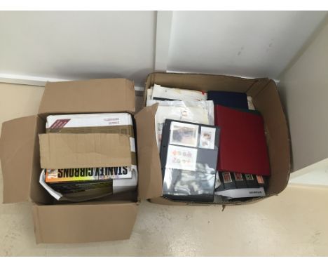 Two boxes of stamps to inc First Day Covers, stock cards/books, packets; together with a complete set of five volumes of stam