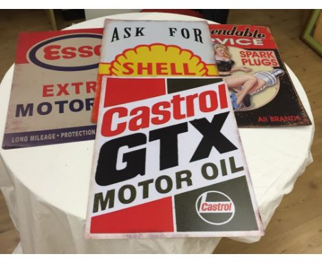 Four tin advertising signs to inc Shell and Esso
