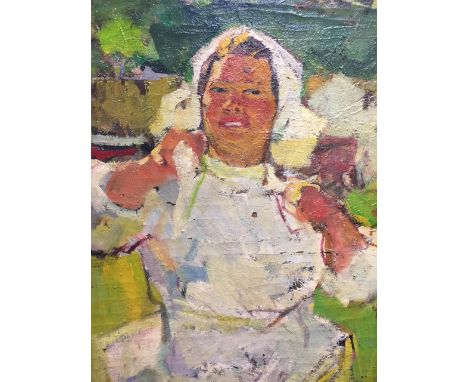 Russian School (20th century):Portrait of a lady, oil on canvas, signed lower right & dated 55, inscribed verso, the canvas s