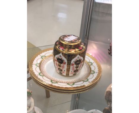 Three Minton gilt plates, one for Tiffany; together with a Crown Derby caddy