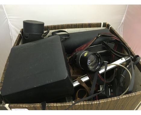 A box of cameras and accessories to inc Brownies, Zenith, Canon, lenses etc