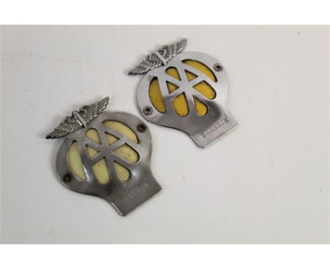 Two vintage winged AA car badges, numbers 8E75078 and 5C54198