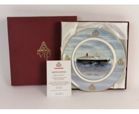 A Cunard limited edition collector's plate, depicting the Queen Elizabeth II on her first voyage in 1969, a scene taken from 