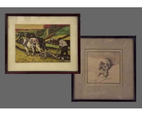 K. BECKER ETC.
Ploughing by K. Becker. Mixed media. Signed & dated 1925, 21 x 32cm & a 1930's sketch of a Collie, 18 x 19cm.