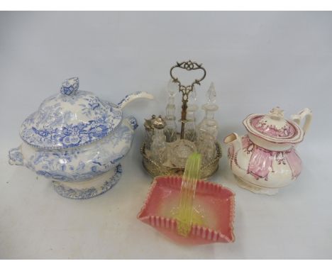 A large 19th Century blue and white tureen with ladle, an Edwardian vaseline glass basket, a Victorian pink lustre teapot, si