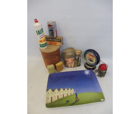A box of assorted collectables including a Pepsi clock, a Royal Doulton character jug, a Paul Horton Royal Worcester platter 